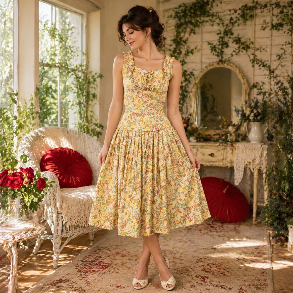 1950s Floral Cotton Ruffle Dress Fall Color Vintage Frock - XS